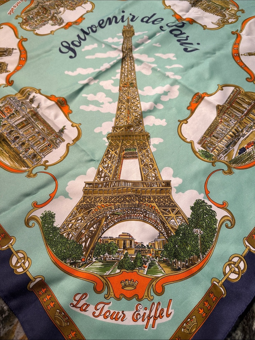 Souvenir de Paris Silk Scarf with Eiffel Tower Motif - Aqua & Navy